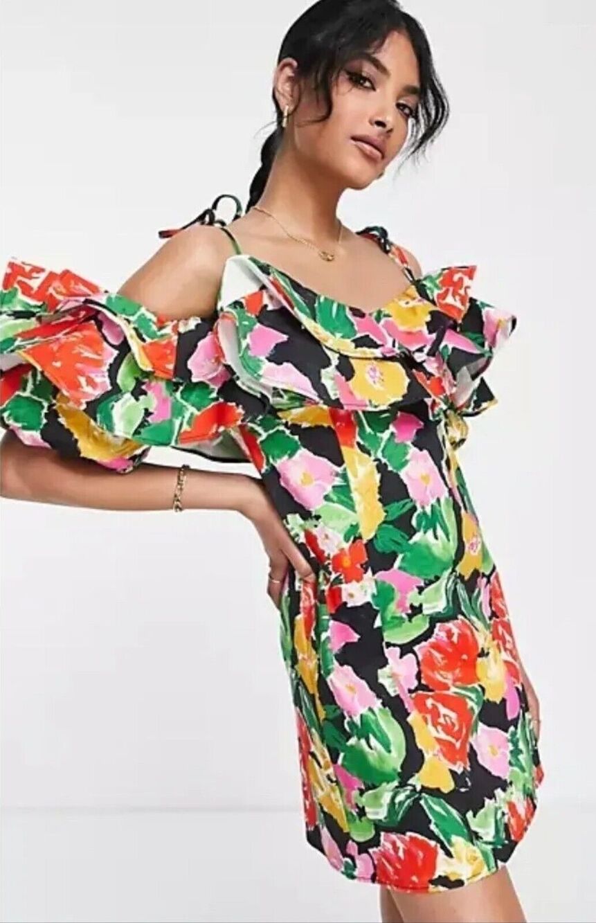 TOPSHOP COTTON BLEND BOLD FLORAL RUFFLE MINI DRESS OF THE SHOULDER SZ 8 B28.6
